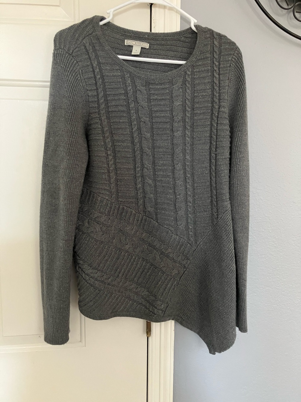 Dana Buchman Heather Gray Asymmetric Cable Knit Crew Sweater